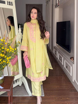 Lakshita - Kora Yellow Cotton Blend Embroidered Kurta and Pant with Dupatta