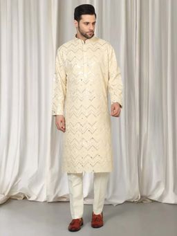 Aham-Vayam - Beige Cotton Sequenced Mirror Work Kurta with Pant