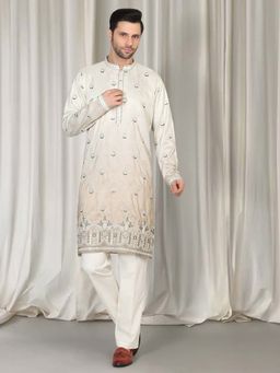 Aham-Vayam - Cream Cotton Embroidered Kurta with Pant