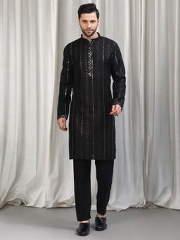 Aham-Vayam - Black Cotton Embroidered Kurta with Pant