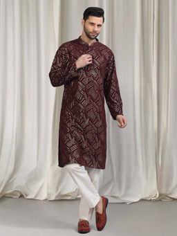 Aham-Vayam - Maroon Cotton Embroidered Kurta and Pant with Dupatta