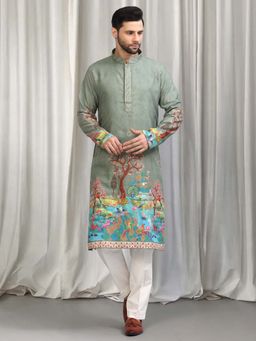 Aham-Vayam - Sea Green Cotton Embroidered Kurta with Pant