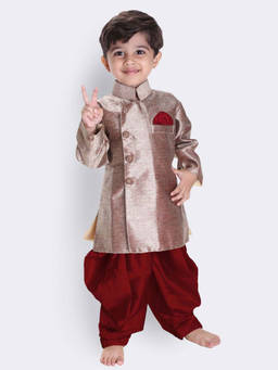 Vastramay - Boys Bronze Gold Cotton Blend Sherwani and Dhoti (Set of 2)