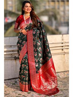 SGF11 - Dark Green Women's Kanjivaram Soft Silk Saree with Unstitched Blouse