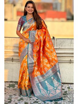 SGF11 - Orange Women's Kanjivaram Soft Silk Saree with Unstitched Blouse