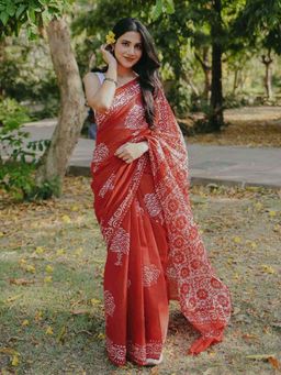 Moora - Cherry Crush - Red Batik Pure Mulmul Cotton Saree with Unstitched Blouse