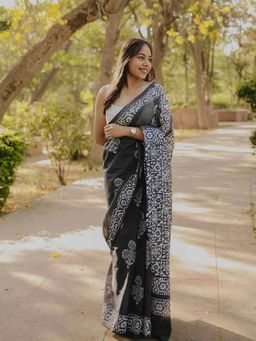 Moora - Charcoal Batik Pure Mulmul Cotton Saree with Unstitched Blouse
