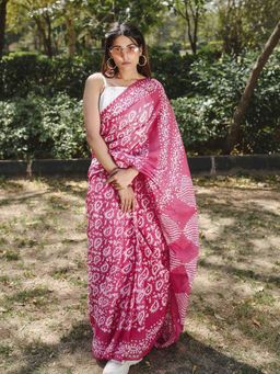 Moora - Pink Swirl - Batik Pure Mulmul Cotton Saree with Unstitched Blouse