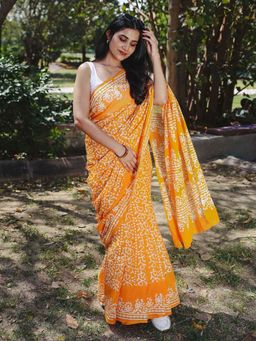 Moora - Mango Bite - Yellow Batik Pure Mulmul Cotton Saree with Unstitched Blouse