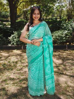 Moora - Mint Pop - Green Batik Pure Mulmul Cotton Saree with Unstitched Blouse