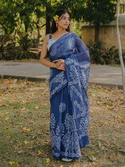 Moora - Cool Blue - Batik Pure Mulmul Cotton Saree with Unstitched Blouse