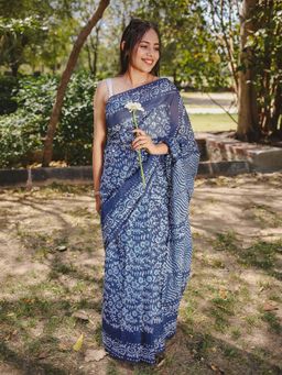 Moora - Midnight Blue - Batik Pure Mulmul Cotton Saree with Unstitched Blouse