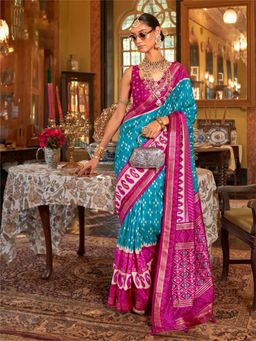 Elora - Polyester Viscose silk Patola Printed Saree(Turquoise Blue)