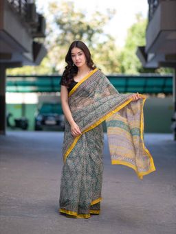 The Raksha Store - Dewdrop Glow- Green Bagru Kota Doria Saree with Unstitched Blouse
