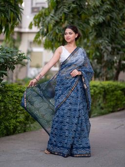 The Raksha Store - Twilight - Indigo Kota Doria Saree with Unstitched Blouse