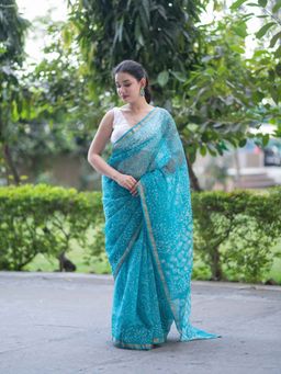 The Raksha Store - Aqua Dreams- Dabu Kota Doria Saree with Unstitched Blouse