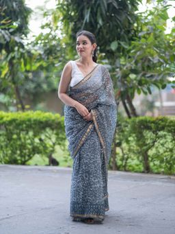 The Raksha Store - Ashen Glow- Grey Kota Doria Saree with Unstitched Blouse