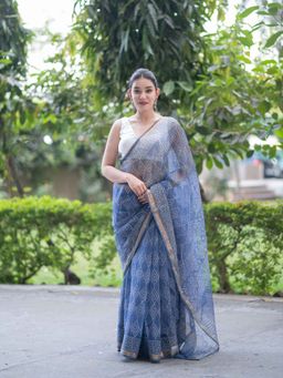 The Raksha Store - Powder Sky- Blue Kota Doria Saree with Unstitched Blouse