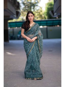 The Raksha Store - Olive Whisper - Green Dabu Kota Doria Saree with Unstitched Blouse
