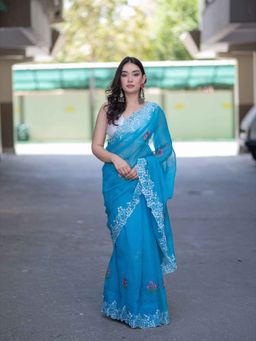 The Raksha Store - Serene Drift- Blue Kota Doria Saree with Unstitched Blouse