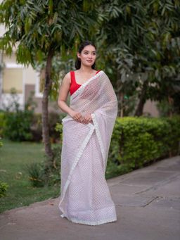 The Raksha Store - Blush - White Kota Doria Saree with Unstitched Blouse