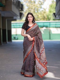 The Raksha Store - Sitara- Black Bagru Maheshwari Silk Saree with Unstitched Blouse