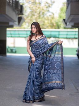 The Raksha Store - Chitrangada- Indigo Dabu Maheshwari Silk Saree with Unstitched Blouse