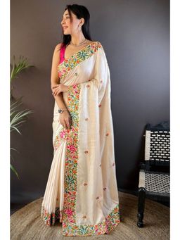 SGF11 - Cream Women's Chiffon Embroidery Boder Saree with Unstitched Blouse