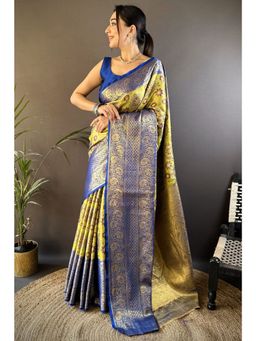 SGF11 - Light Green Blue Women's Kanjivaram Tissue Soft Silk Saree with Unstitched Blouse