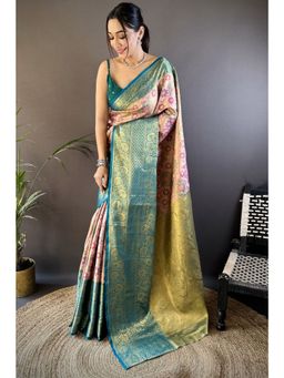 SGF11 - Peach Green Women's Kanjivaram Tissue Soft Silk Saree with Unstitched Blouse