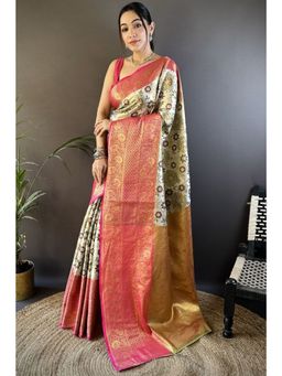 SGF11 - Cream Pink Women's Kanjivaram Tissue Soft Silk Saree with Unstitched Blouse