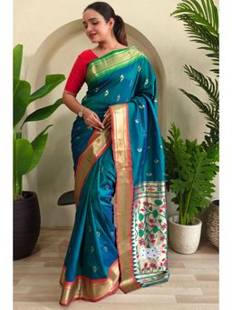 SGF11 - Rama Green Women's Kanjivaram Paithani Soft Silk Saree with Unstitched Blouse