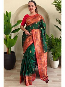 SGF11 - Dark Green Women's Kanjivaram Paithani Soft Silk Saree with Unstitched Blouse
