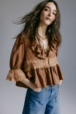 H&M - Women Brown Lace-Detail Blouse