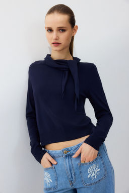 H&M - Women Blue Scarf-Collar Jumper