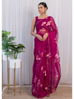 Label Kanupriya - Wine Handpainted Organza Saree with Unstitched Blouse