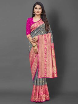 Akhilam - Women Silk Blend Navy Blue Celebrity Saree with Unstitched Blouse
