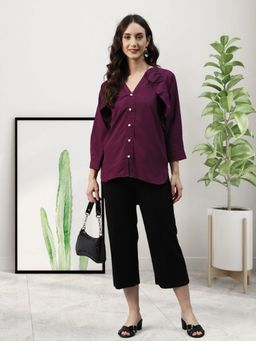 KVS FAB - Women Wine Crepe Solid Ruffled Straight Top