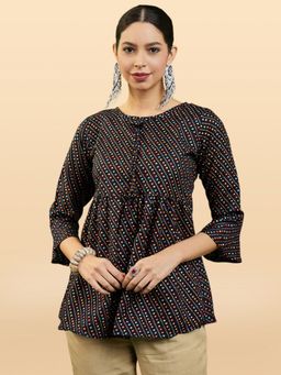 KVS FAB - Women Bandhani Navy Blue Print Fit and Flare Cotton Blend Top
