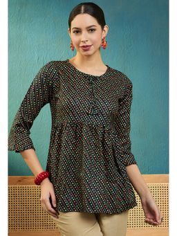 KVS FAB - Women Bandhani Green Print Fit and Flare Cotton Blend Top