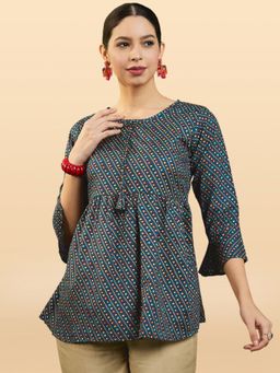 KVS FAB - Women Bandhani Teal Print Fit and Flare Cotton Blend Top