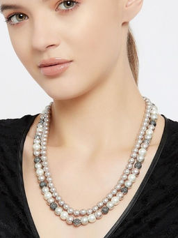 Estele - Rhodium Plated Pearl Affair White & Shades of Purple Double Line Necklace for Women