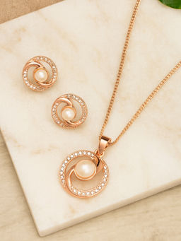 Estele - Rose Gold Plated CZ Whirlpool Designer Pendant Necklace with Pearl for Women (Set of 2)