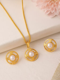 Estele - Gold Plated Button Designer Necklace Set with Pearl for Women
