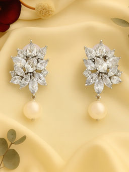 Estele - Rhodium Plated Pear Marquise Cluster Drop Earrings with Pearl for Women