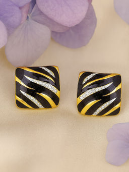 Estele - Gold Plated Square Designer Stud Earrings with Black Enamel for Girls/Women