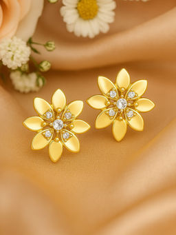 Estele - Gold Plated Flower Shaped Stud Earrings With Crystals for Girls and Women