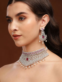 Estele - Rhodium Plated CZ Dazzling Diva Choker Necklace for Women (Set of 2)