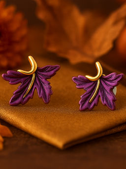Estele - Gold Plated Leafy Designer Stud Earrings with Purple Enamel for Women