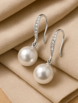 Estele - Rhodium Plated Enchanting Pearl Drop Earrings with White Crystals for Girls & Women